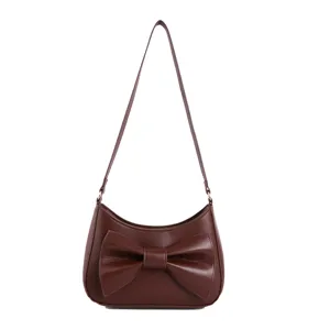 Brown leather shoulder bag for women elegant bow underarm bag stylish commuter handbag
