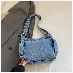Casual denim shoulder bag for women, stylish vintage washed crossbody bag with multi pockets.