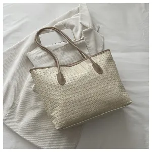 Stilvolle gewebte Damen Totetasche Freizeit Pendler Schultertasche cremefarben