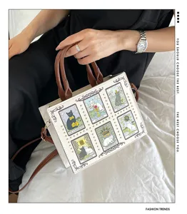 Retro cat tarot card print tote bag, PU leather single shoulder crossbody handbag for women.