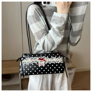 Chic black polka dot lace shoulder baguette bag with cute bow for women casual daily wear.