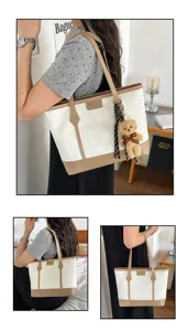 Stylish Korean woven tote bag for women, large capacity casual shoulder bag with bear charm.
