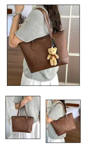 Korean style brown woven tote bag with cute bear charm large capacity casual shoulder bag