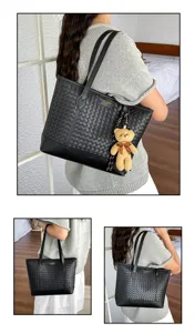 Black woven tote bag for women large capacity shoulder bag with cute bear pendant chic