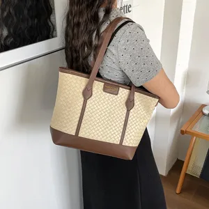 Stylish woven leather tote bag for women, large capacity casual shoulder bag detail view.