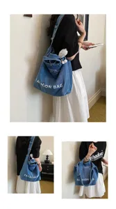 Japanese style retro denim shoulder bag, large capacity casual tote handbag with cute bear pendant.