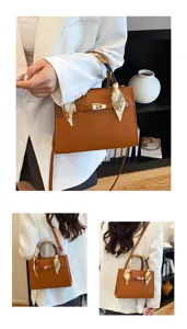 Detailed view of brown PU leather shoulder bag with chic scarf wrapped handle and lock.