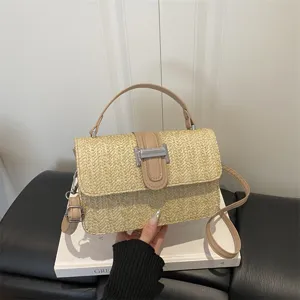 Dames Mode Gevlochten Stro Kleine Vierkante Tas Zomer Niche Ontwerp Metalen Slot Schoudertas Vakantietas