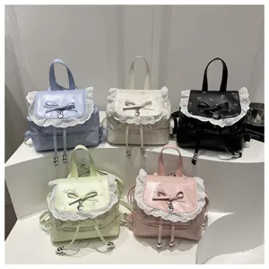 Zaino piccolo da donna in pelle PU con fiocco e pizzo, elegante mini borsa casual da viaggio.