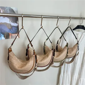 Femmes Paille Tissée Sac à Bandoulière Croissant Achseltasche Sac Bandoulière Été Plage Casual Sac à Main Bordure Cuir PU