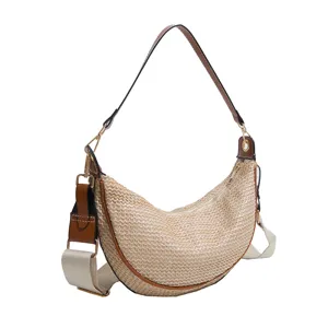 Sac bandoulière hobo en paille tressée sac croissant décontracté avec bordure cuir lanière.