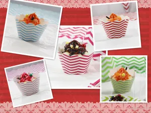 Detailed view of colorful chevron cupcake wrappers, assorted wave paper cups for baking decoration.