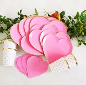 Pink heart paper plates cups napkins set for wedding birthday party tableware supplies.