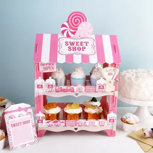 Alzatina per Torte in Carta per Festa di Compleanno per Bambini Torre Dessert Stile Casa Rosa Supporto per Cupcake Decorazione