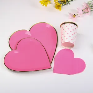 Pink heart disposable paper plates cups set for wedding party birthday tableware supply