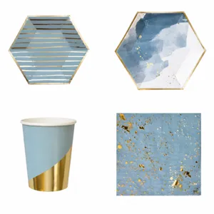 Disposable Hexagonal Paper Plates Cups Napkins Set Light Blue Gold Foil Party Tableware Kids Birthday Decorations