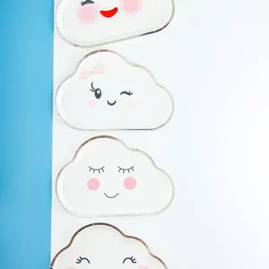 Cute cloud paper plates for kids birthday party supplies, disposable gold foil tableware.