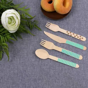 Disposable birch wooden cutlery set with colorful wavy and dot patterns for party 16cm