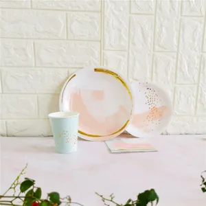 Disposable paper plates cups party tableware set pink gold foil birthday picnic cake dishes