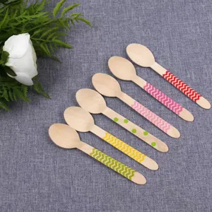 Wooden disposable spoons colored pattern party picnic tableware set eco friendly