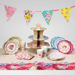 Vintage floral disposable party tableware set paper plates cups cake stand for weddings