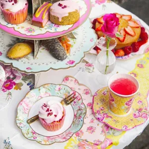 Vintage floral paper plates and party tableware set for afternoon tea and celebrations