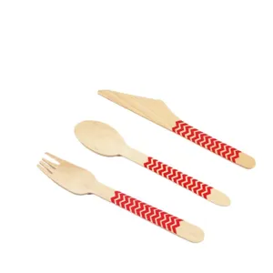Disposable wooden cutlery set fork spoon knife with red chevron pattern for party picnic main view