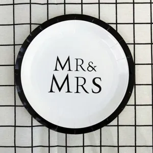 Black and white paper plate with MR and MRS print for wedding party decoration and dinner use.