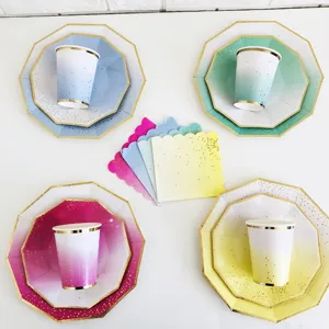 Assiettes Tasses Serviettes en Papier Dégradé Décagone Bord Doré Set Vaisselle Fête Anniversaire Jetable