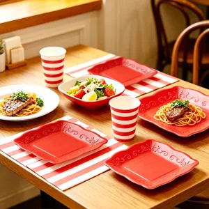 European Style Red Embossed Square Paper Plates Disposable Tableware Party Plates Paper Cups Napkins Party Supplies