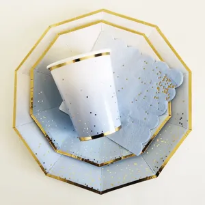 Ensemble de vaisselle de fête assiettes tasses en papier dégradé bleu et bord doré