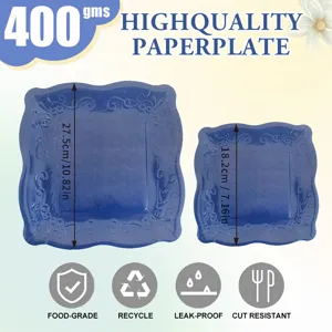Blue disposable square paper plates with embossed design, 400gms heavy duty party plates.