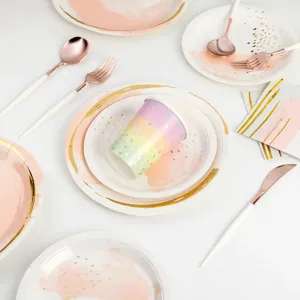 Disposable Paper Plates Cups Napkins Tableware Set Mint Green Ink Painting Gold Foil Birthday Party Picnic BBQ Supplies
