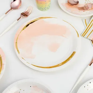 Disposable paper plate party set featuring pink watercolor and gold foil rim details.