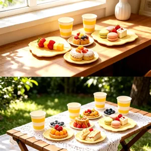 8-pack disposable yellow striped paper plates and cups set for party tableware afternoon tea desserts