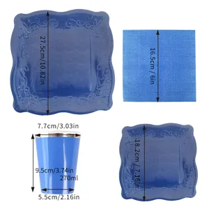 Blue disposable paper plates cups napkins set party tableware dimensions specification display