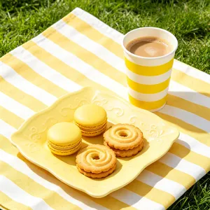 Yellow embossed disposable paper plate for party afternoon tea cake fruit dessert service.