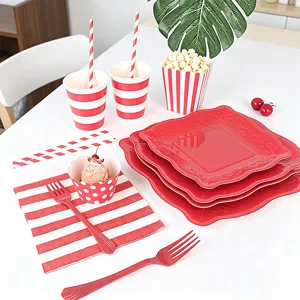 Red embossed square party plates and red white striped tableware set for party events.