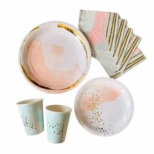 Disposable paper tableware set pink gold party plates cups napkins for birthday picnic BBQ