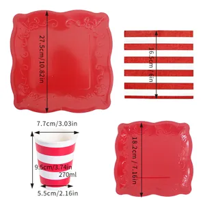 Disposable red square paper plates cups and napkins set for party tableware decoration.