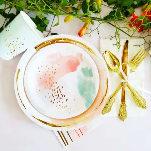 Disposable paper plate tableware set for birthday parties, outdoor picnics, and cake events.