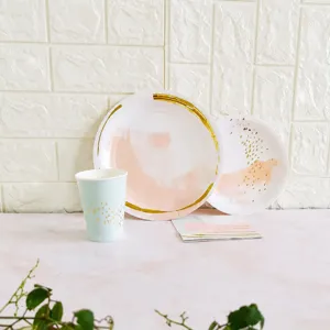 Disposable paper plates cups napkins set for birthday party, picnic, and barbecue events.