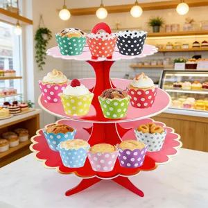 12pcs polka dot cupcake wrappers with red 3-tier stand disposable baking cups dessert decor