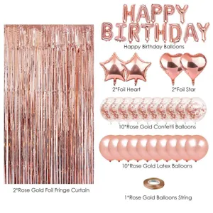 Rose gold birthday party decoration set including fringe curtain foil balloons and confetti balloons