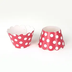 Red polka dot cupcake wrappers, bottomless disposable baking paper cases for dessert decor.