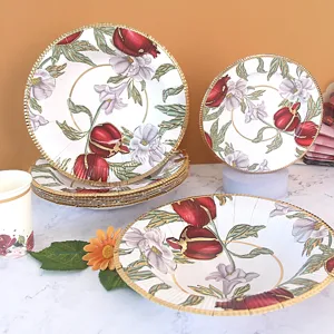 Fête de Thé de Printemps Grenade Rouge Floral Vaisselle Jetable en Papier Assiettes Gobelets Serviettes