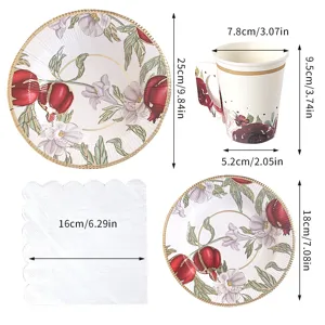 Ensemble de vaisselle jetable grenade rouge printemps assiettes en papier tasses fête bio