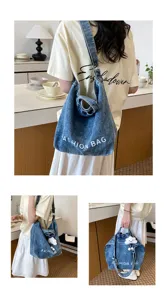 Japanese denim shoulder bag large capacity vintage tote bag casual student crossbody bag