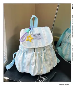 Light blue striped backpack with bow pattern cute school bag casual daypack for student