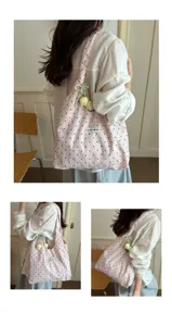 Korean lazy style pink polka dot lace tote bag, large capacity shoulder bag for women.